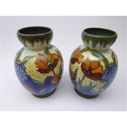  Pair Gouda floral decorated vases, ovoid form with pinched neck, marked 1900 Senga Gouda Holland, H24cm   