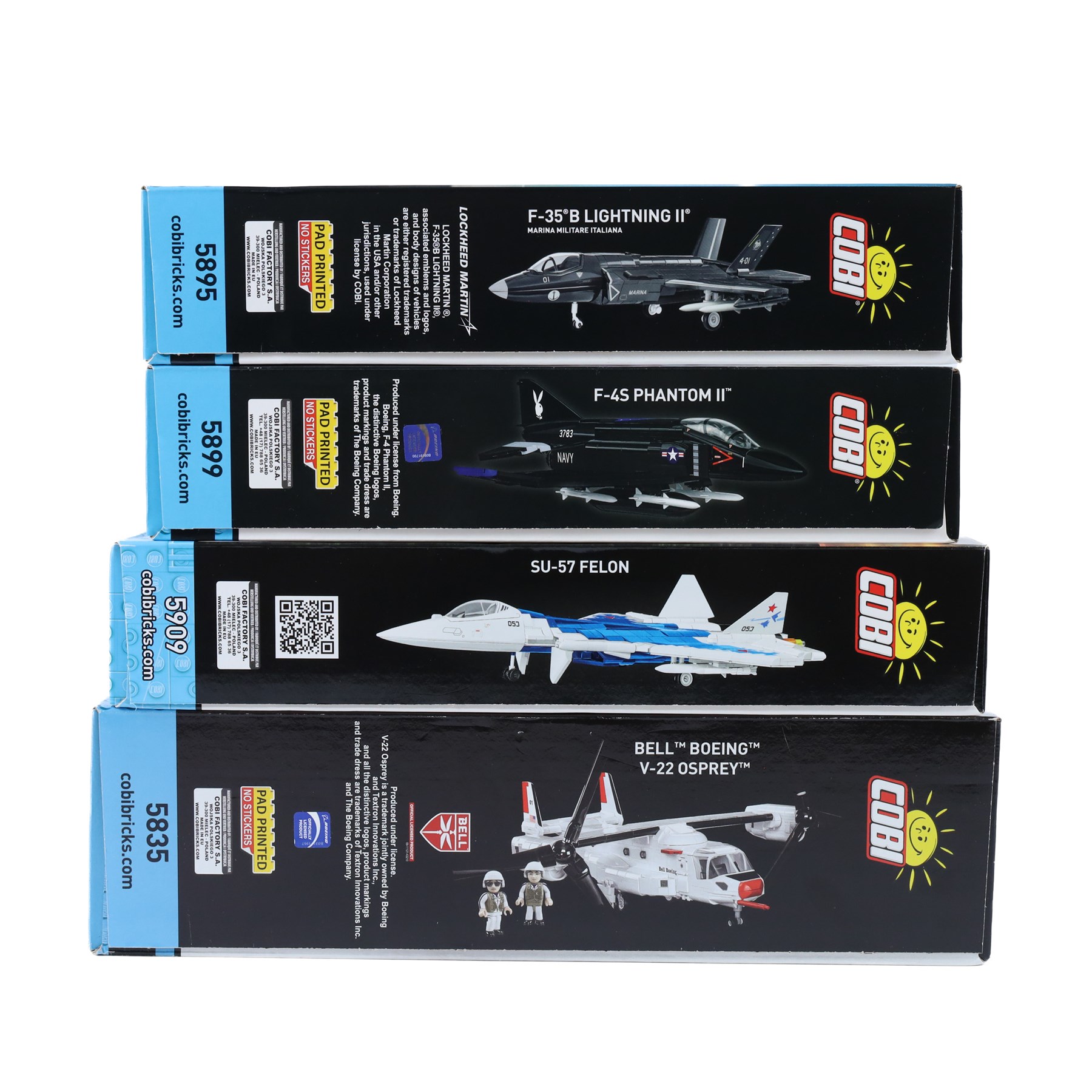 Four Cobi Bricks 1:48 scale Armed Forces model aircraft sets, comprising no. 5835 Bell Boeing V22 Osprey, no. 5909 SU-57 Felon, no. 5899 F-4S Phantom II and no. 5895 F-35 B Stovl Lightning II, all in sealed boxes