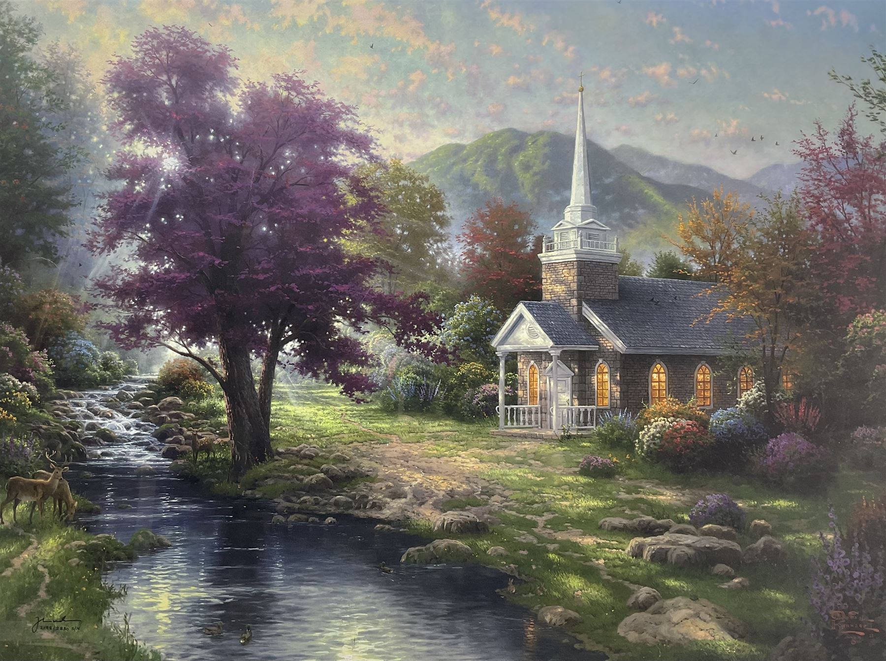Thomas Kinkade (American 1958-2012): 'Streams of Living Water', large limited edition lithograph signed and numbered 2198/2850, 64cm x 85cm 