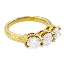 18ct gold three stone round brilliant cut diamond ring, hallmarked, total diamond weight approx 1.80 carat