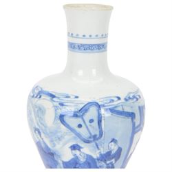 Chinese Kangxi porcelain vase, of baluster form painted in underglaze blue with seated figures and attendants, with fence, rockwork and leafy bamboo branches, with concentric circles mark beneath, H22.5cm