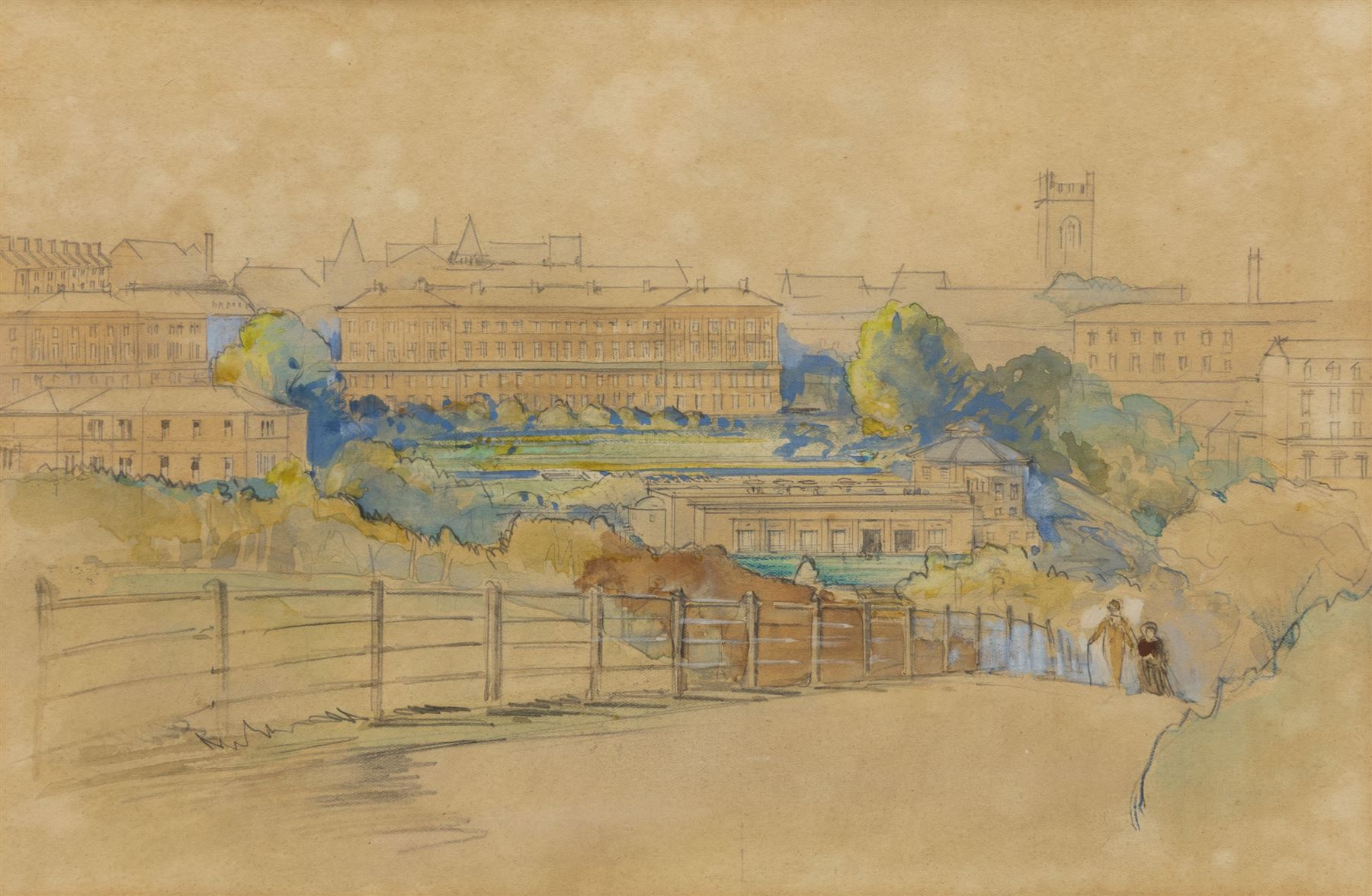 English School (Late 19th century): Architectural View of the Crescent Scarborough overlooking the Art Gallery from the South cliff, pencil with colour washes unsigned 21cm x 31cm 