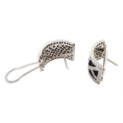 Pair of white and black gold round brilliant cut black and white diamond, abstract design half hoop stud earrings