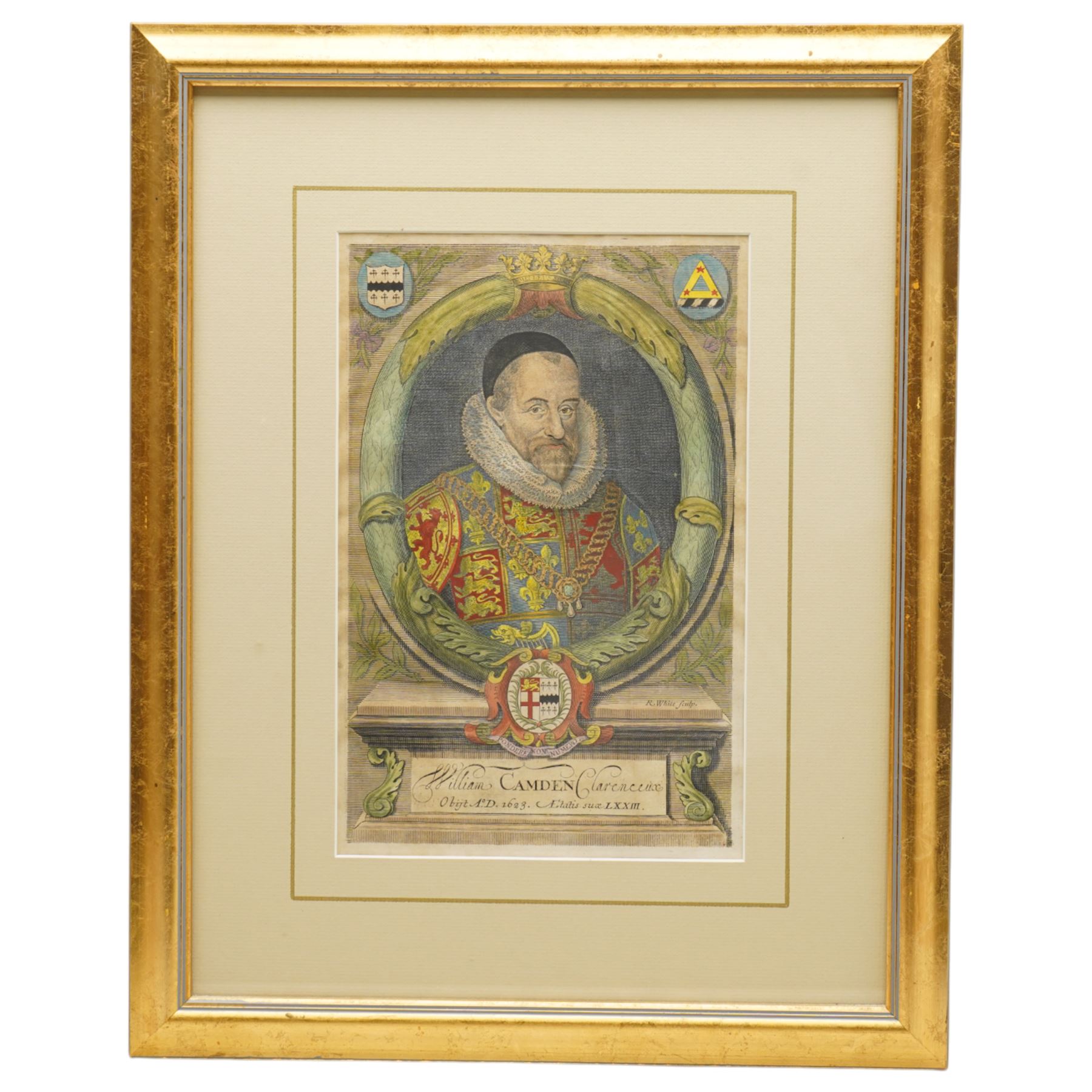 Robert White (British 1645-1703): Frontispiece for 'Camden's Britannia' by William Camden Clarenceaux depicting a portrait of Camden, late 17th century engraving with hand-colouring pub. 1695, 31cm x 20cm