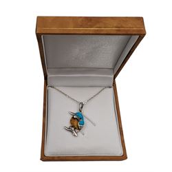 Silver turquoise and Baltic amber kingfisher pendant necklace, stamped 925, boxed 