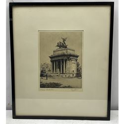 Graham Barry Clilverd (British 1883-1959): 'Wellington Arch Hyde Park' 'Horse and Cart over Bridge' and 'The Menin Gate Ypres', three etchings signed in pencil max 31cm x 22cm (3)