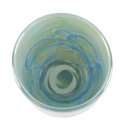 Okra scent bottle, of squat form with marbled blue iridescent design, together with Okra vase, dish and another similar art glass vase, scent bottle H12cm