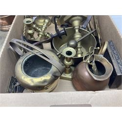 Brass charger, quantity of brass candlesticks, pair of cobra candlesticks and a collection of other brass and metal ware, etc