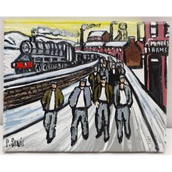 Phil Lewis (Northern British Contemporary): 'Miners Returning Home from Work at the Pit', oil on canvas signed, titled verso 20cm x 25cm (unframed)