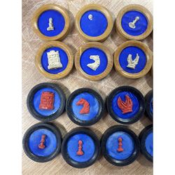 Jaques of London portable B.C.D. board for Backgammon, Chess and Draughts, the inner tube containing thirty two counters and two dice, outer red leather case