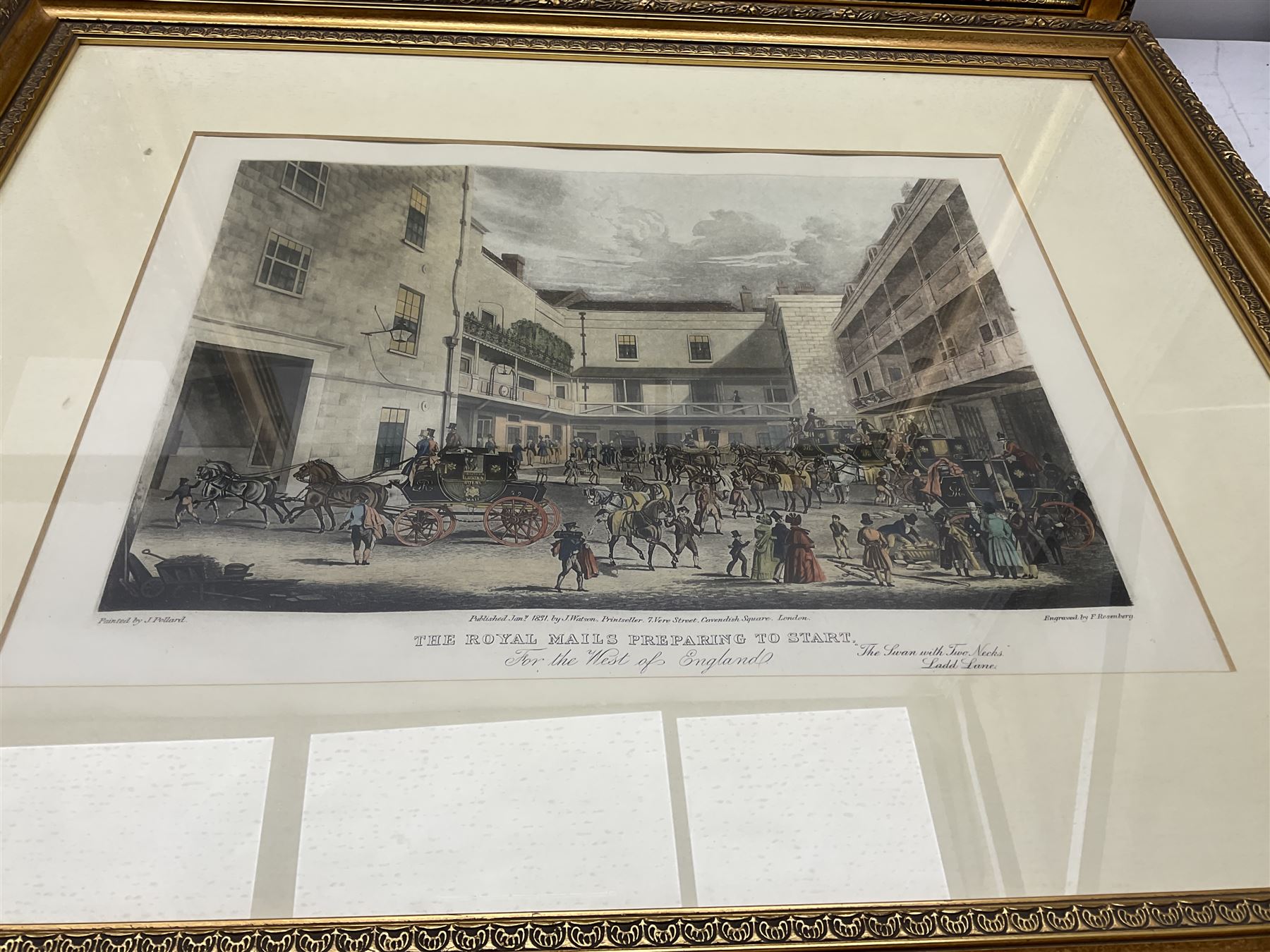 After James Pollard (British 1792-1862): 'The Taglioni Windsor Coach'; 'Royal Mail Coach'; 'The Royal Mails Preparing to Start' and 'The Unicorn Norwich Coach', set four 19th coloured engravings pub. 1824-1837 max 43cm x 59cm (4)