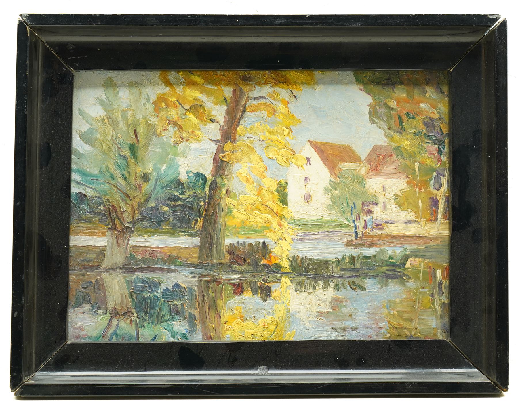 French School (Early-mid-20th century): Lakeside Manor with Figures, oil on panel unsigned 23cm x 32cm