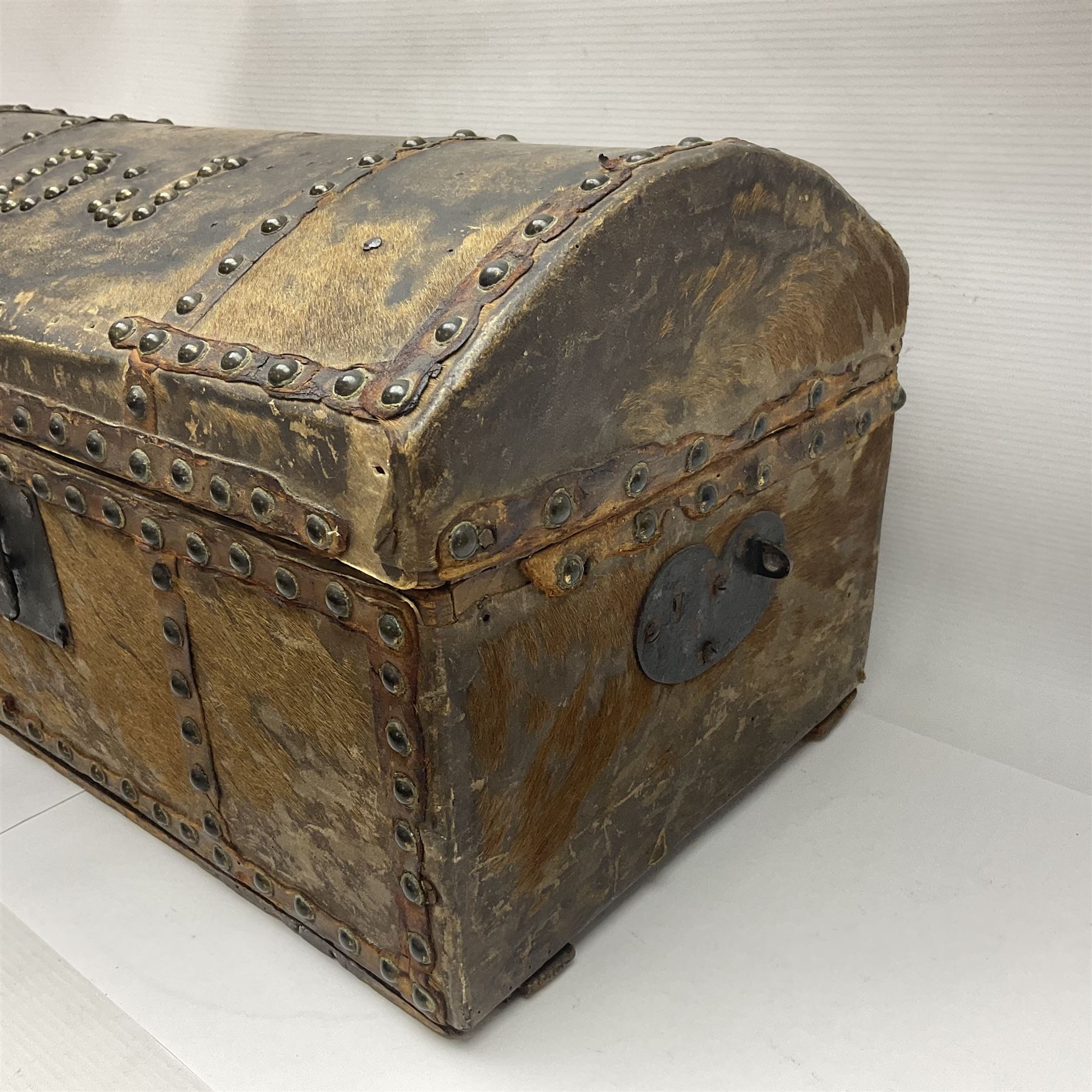 19th century pony skin dome top trunk with metal studded detail, the inside paper label inscribed 'Arabella Brown Trunk, Cheft, Box Maker & Undertaker', H25cm, L46cm 