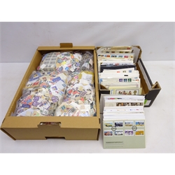  Quantity of stamp kiloware including some earlier stamps, Great British and World stamps, on and off paper, a quantity of Great British and Isle of Man FDCs and a few world stamp covers, in two boxes  