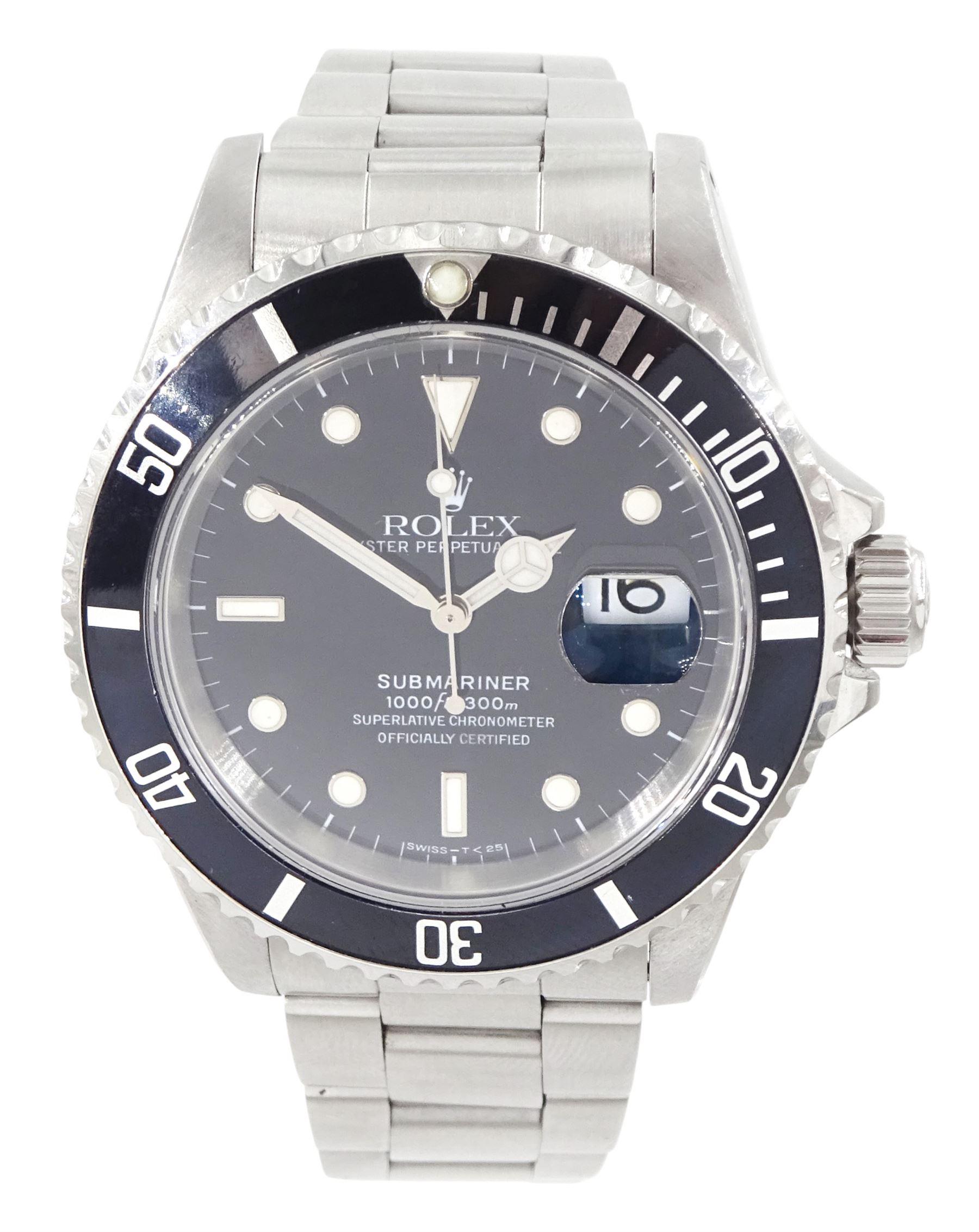Rolex Oyster Perpetual Submariner Date stainless steel  automatic wristwatch, Ref. 16610, Serial No. L438272, black dial with luminous filled dot hour markers, baton quarters, white outer minute divisions, magnified date aperture at 3, polished Mercedes hands with luminous inserts, on Oyster stainless steel bracelet, with fold-over clasp