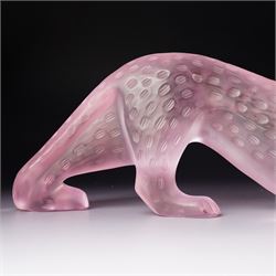 Lalique frosted and clear pink glass model 'Zeila Panther' designed by Marie-Claude Lalique signed 'Lalique France' L34cm with guarantee etc in original Lalique pink box