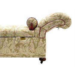 Late 20th century chaise longue ottoman, upholstered in fabric decorated with garden courting scenes, reclining back with staggered mechanism, double hinged and removable upholstered seat revealing storage, with bolster cushion, on compressed turned feet with recessed castors 