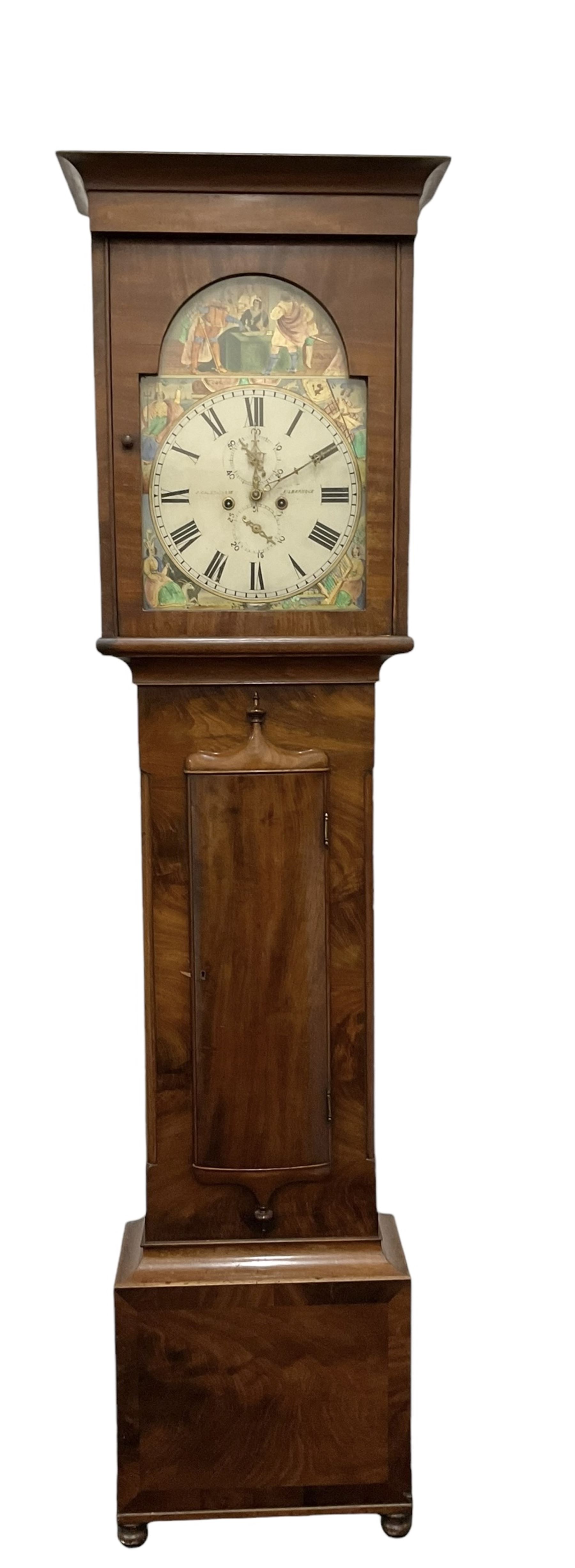 John Cameron & Son of Kilmarnock - late 19th century mahogany longcase clock c1870, with a flat topped pediment and blind frieze beneath, rectangular break arch hood door and sound frets to the hood sides, trunk with canted corners and a convex door with cushion mouldings, on a square plinth raised on turned bun feet, painted dial with a depiction of the abdication of Mary Queen of Scots to the arch and the four regions of the united Kingdom to the spandrels, with Roman numerals, minute track, date and seconds dials and stamped brass hands, dial pinned to a rack striking movement, striking the hours on a bell. With weights and pendulum. 