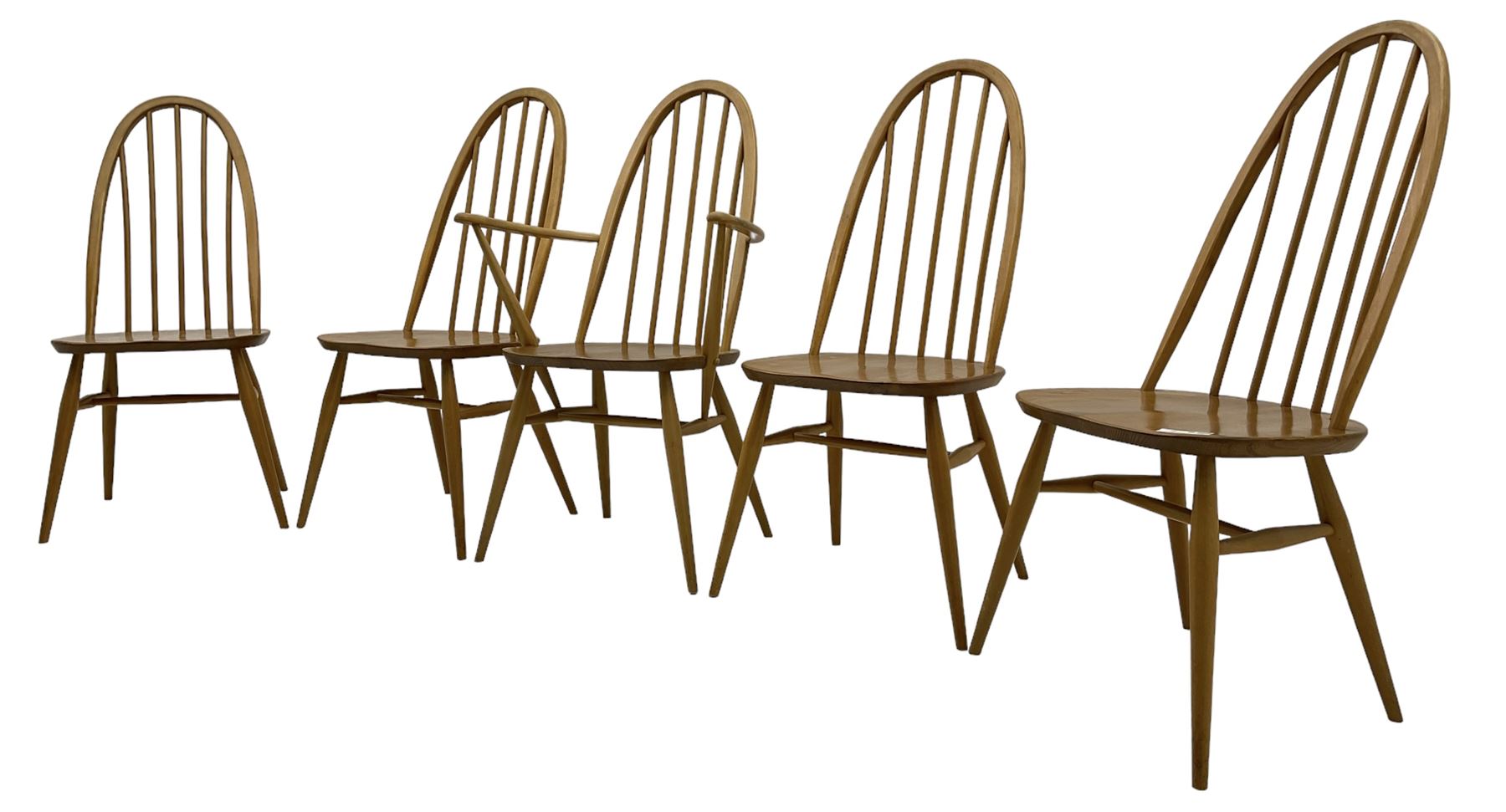 Ercol - set if five (4+1) elm and beech 'Windsor' dining chairs, high hoop and stick back, on tapering splayed supports united by H stretchers 