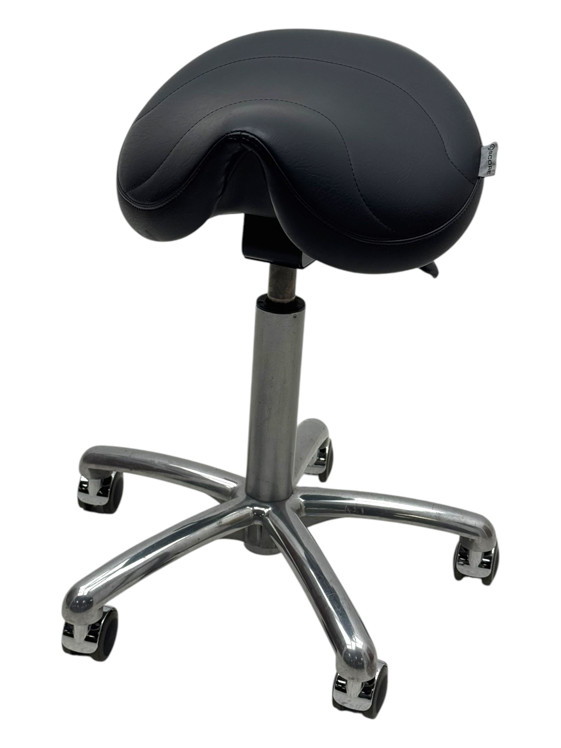 Score - contemporary 'Amazone' saddle stool, upholstered in black leatherette with adjustable height and tilt mechanism, raised on chrome spoke base fitted with castors