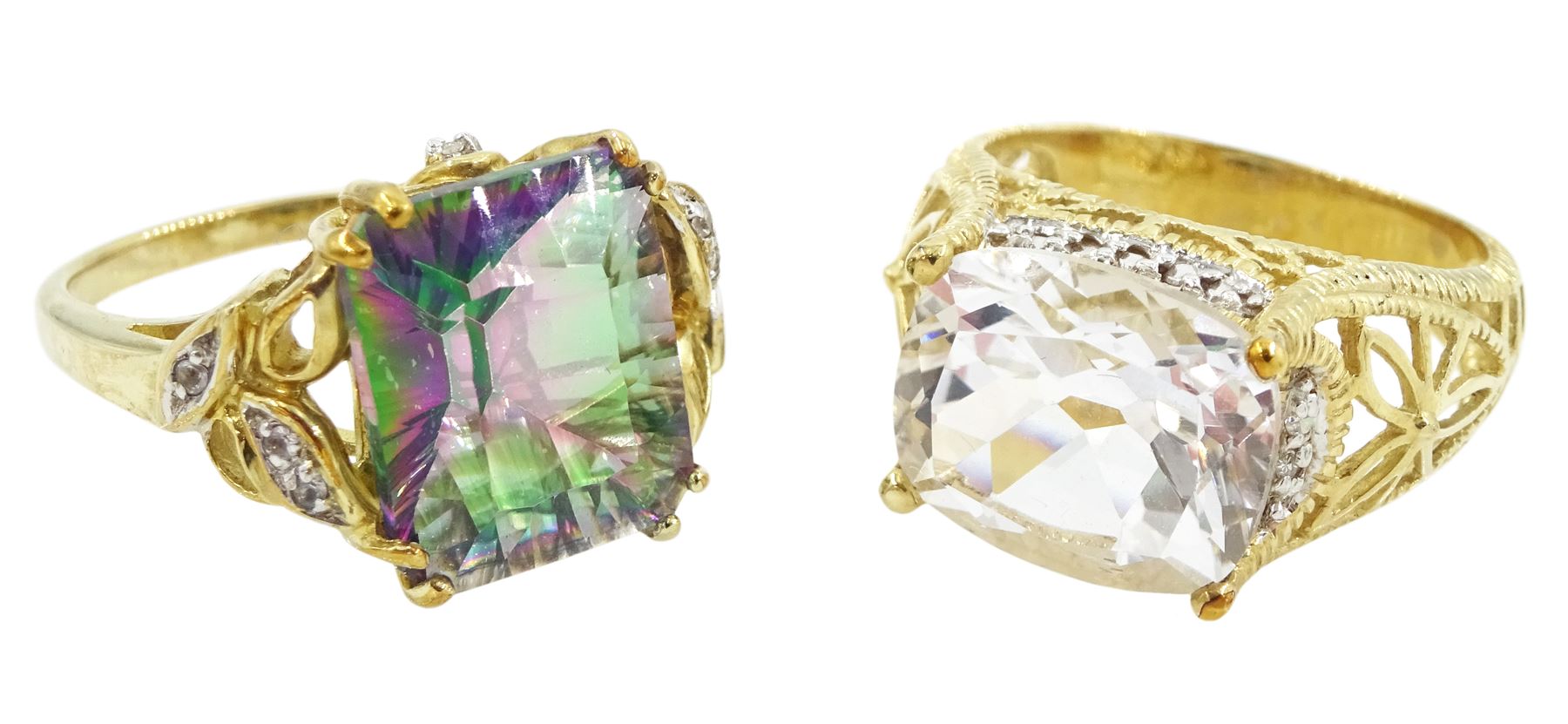 Gold mystic quartz ring and a gold white quartz ring, both hallmarked 9ct