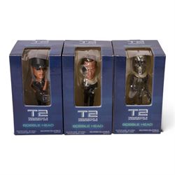 Three Hollywood Collectibles Terminator Judgement Day T-2 Bobble Heads, T-1000, Sarah Connor and Endoskeleton, all boxed