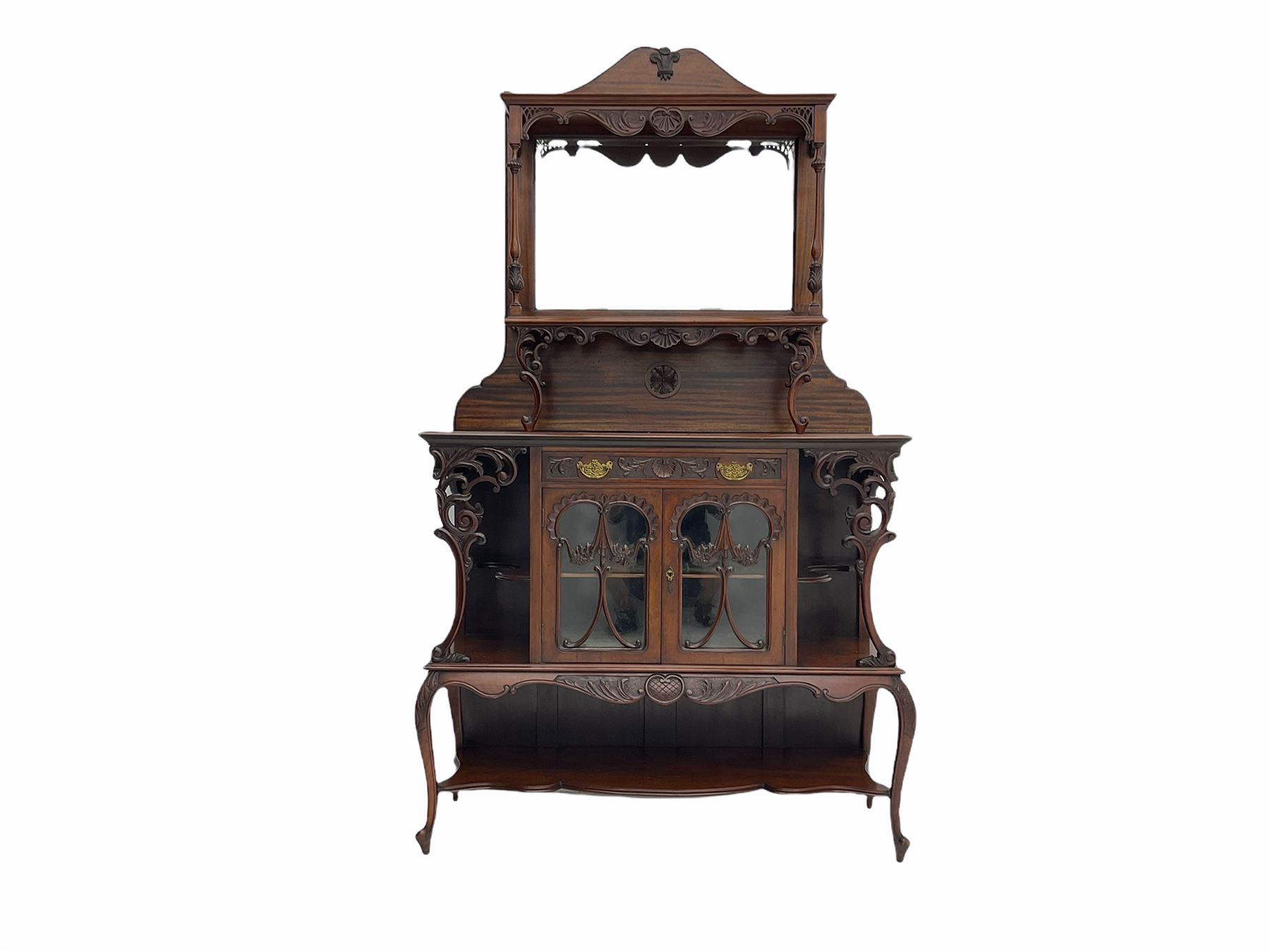 Late Victorian Empire style walnut mirror back sideboard, two glazed centre cupboards with drawer drawer