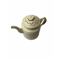 20th century Leeds creamware, comprising chestnut basket and stand, small tureen and cover, ladle, and associated stand, candlestick with stem modelled as a dolphin, teapot, tureen and cover in the form of a melon with fixed stand, and toast rack (toast rack a/f), each with impressed mark beneath. 