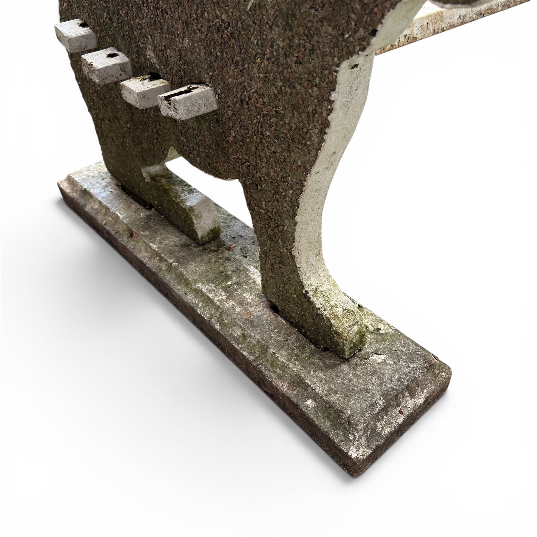 Composite stone white painted garden lion bench, the end supports in the form of standing lions, with pegged back and seat slats