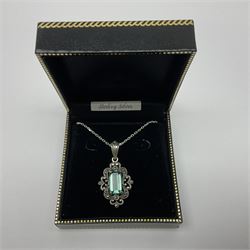 Silver marcasite and green stone pendant necklace, stamped 925, boxed 