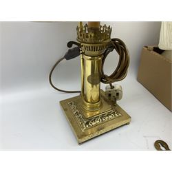 Brassed lamp modelled as a male with basket and fruit after Rancoulet, Tiffany style table lamp, brass table lamp, glass shades etc