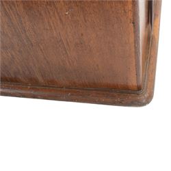 Oak table top canteen cabinet, the top with inset vacant brass cartouche, with pair of panelled doors opening to reveal four interior drawers with inset brass handle, containing a selection of silver plated flatware, 29cm x 40cm x 51cm