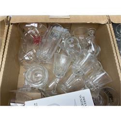 Large quantity of glassware to include Dartington decanter, boxed Caithness Maydance paperweight, mid-century drinking glasses, Murano style figure of a bird, cranberry glass etc