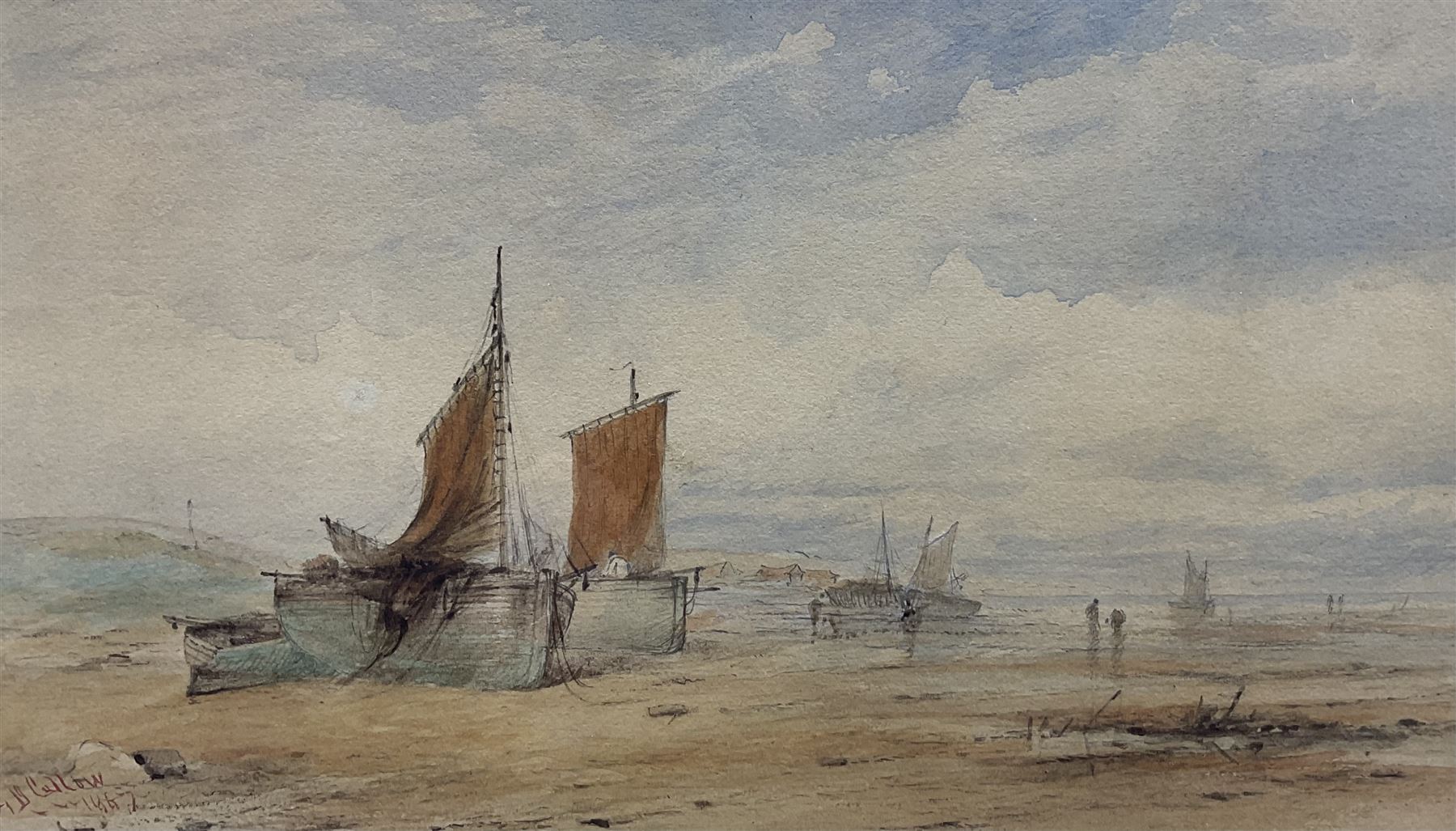 George Dodgson Callow (British 1829-1875): Beached Vessels at Low Tide, watercolour signed and dated 1867, 13cm x 22cm 