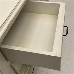 French design bombe shaped chest, moulded rectangular top over two short and three long drawers, on scrolled feet, in cream paint finish 