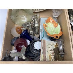 Victorian hand blown glass ship, together with decanter, studio pottery, lamp shades and other collectables, in five boxes 