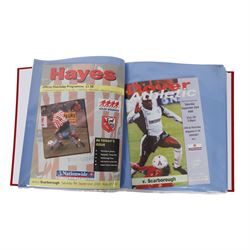 Comprehensive collection of approximately two hundred and twenty Scarborough FC football programmes for the 1999/00, 2000/01, 2001/02 and 2002/03 seasons, all filed within eight dedicated Scarborough FC red Home and Away binders
