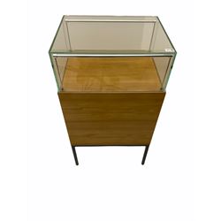 Light oak display case on stand, fitted with drawer and cupboard, illuminated