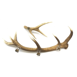 A stags antler candleabra, the six point antler mounted with three sconces, approximately L71cm, together with a smaller example mounted with one sconce, approximately L35cm. 