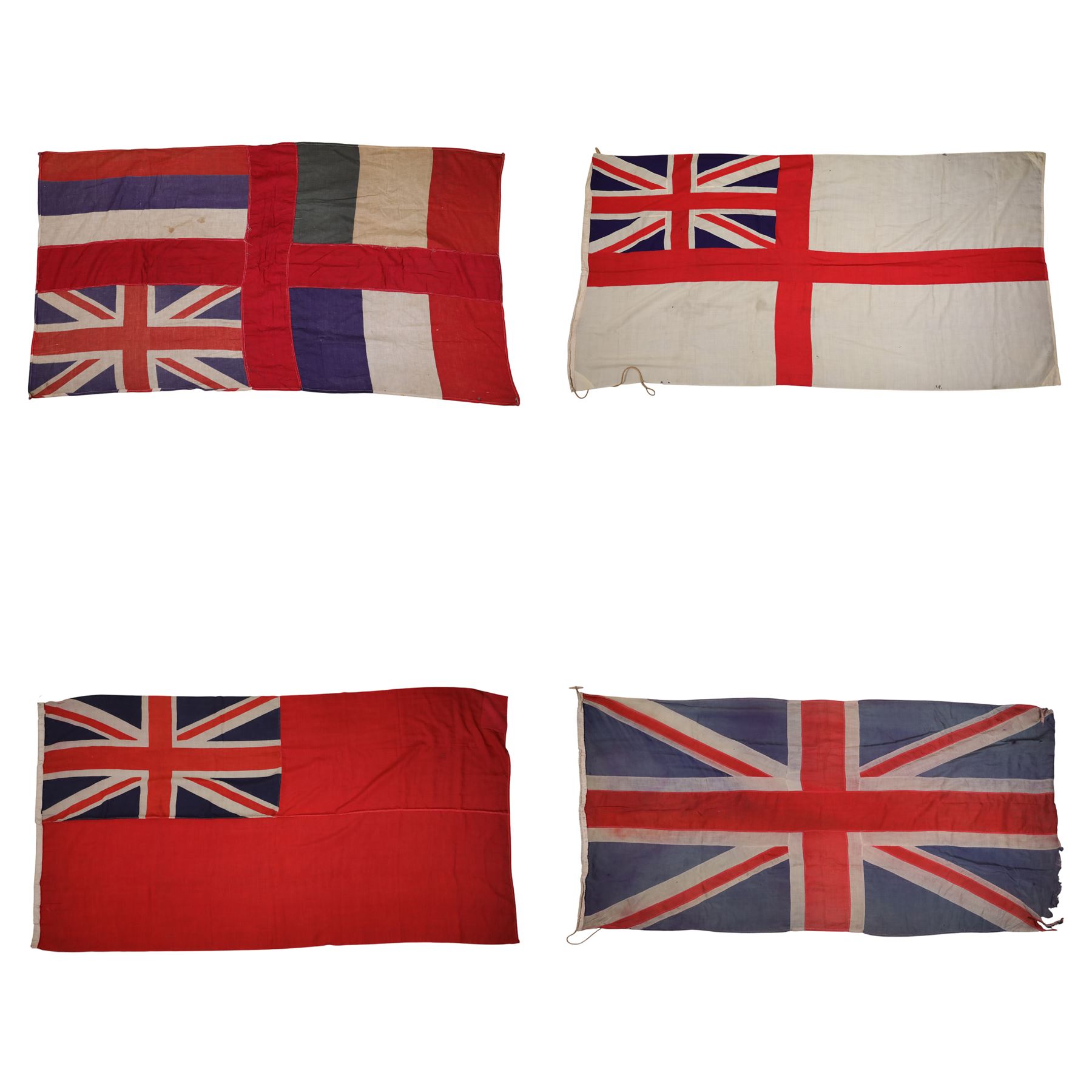Four large linen ship's flags, including Red Ensign, Union Jack, White Ensign and one other, Red Ensign H140cm,W260cm