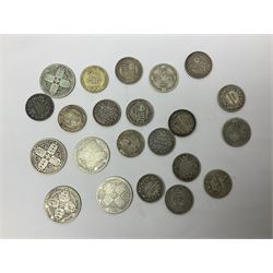 Approximately 150 grams of Great British pre 1920 silver coins, including George II 1758 shilling, George IV 1826 shilling, various Queen Victoria 'Gothic' florins, 1846, 1848, 1878 and other shilling etc