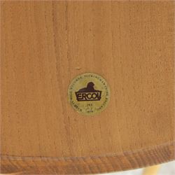 Ercol - elm dining chairs, set of six including two armchairs, arched spindle backs over shaped elm seats with upholstered pads, tapering beech legs joined by stretchers