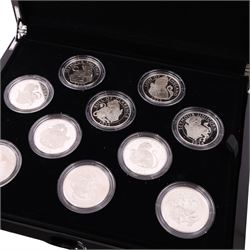 The Royal Mint United Kingdom 'The Royal Tudor Beasts' set of ten one ounce fine silver two pound coins, comprising 2022 (2), 2023 (2), 2024 (2), 2025 (2), and 2026 (2), cased with certificates