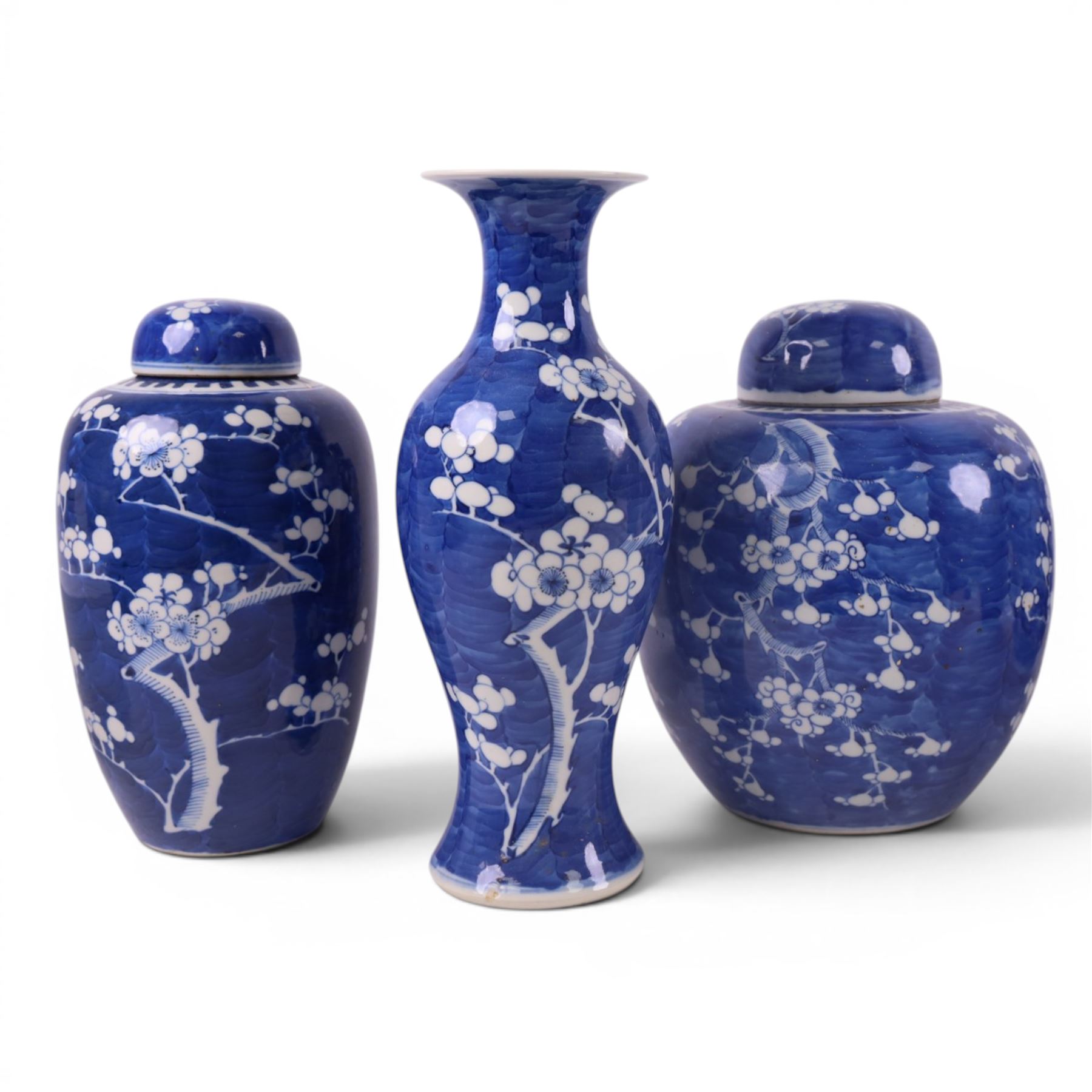 Pair Prunus pattern ginger jars, together with another similar, vases and jardiniere, vases H31cm 