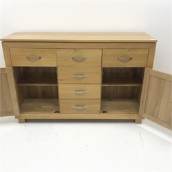  Light oak sideboard, six drawers and two cupboards, W140cm, H92cm, D41cm  