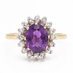 18ct gold amethyst and diamond cluster ring, single oval cut amethyst surrounded by sixtee...
