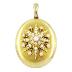 Victorian 15ct gold locket pendant, the centre with applied pearl and coral decoration, stamped 15