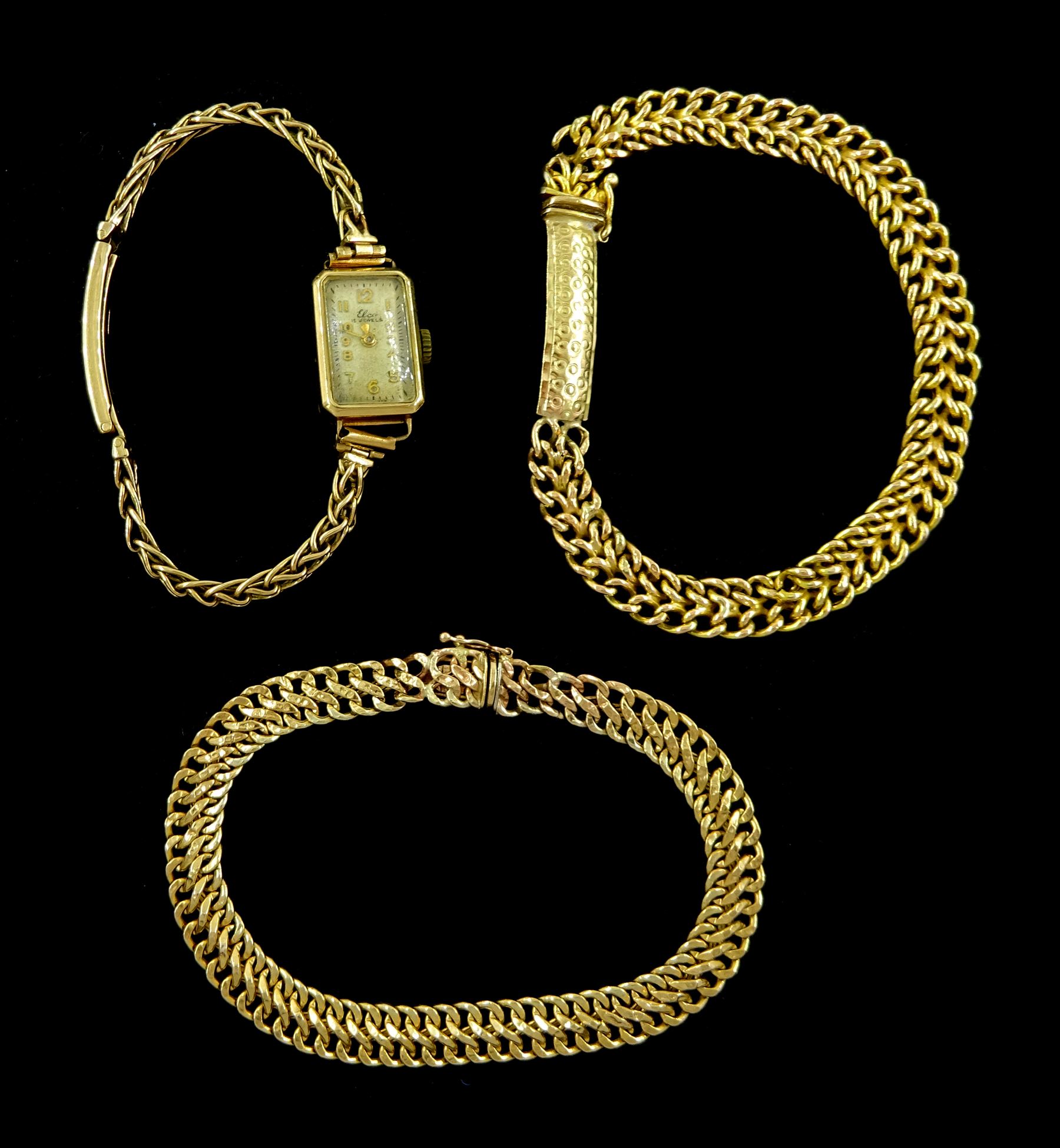 Two 9ct gold link bracelets and an Elco ladies 9ct gold manual wind wristwatch, on 9ct gold bracelet, all hallmarked