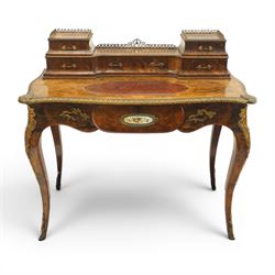 Victorian figured walnut and kingwood-banded ladies writing table, the raised superstructu...