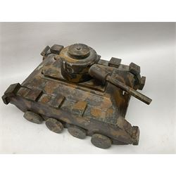 1940s French wooden eight wheel model FFI free tank, painted in brown camouflage, together with a 1940s wooden scratch built model of a landing craft, tank H18cm, W31cm